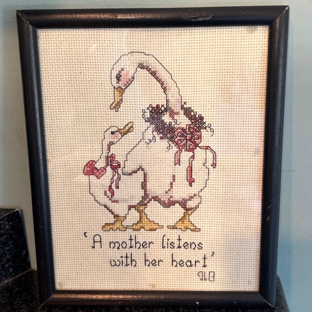 Framed Cross Stitch Goose "A Mother Listens With Her Heart" Vintage Co tagecore